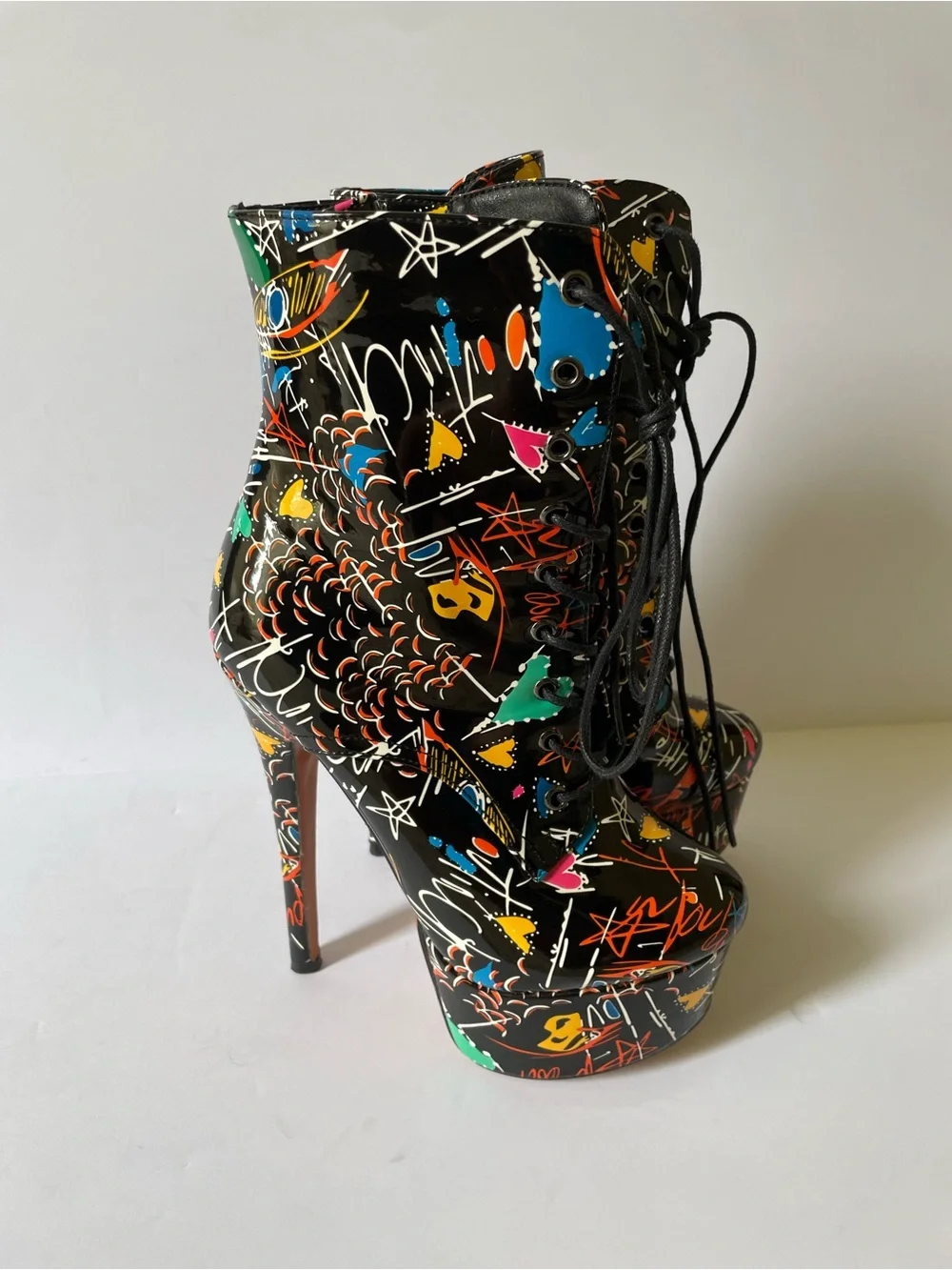 Fun Women’s Platform Graffiti High Heel Stiletto Lace-Up Ankle Booties Size 6 M
